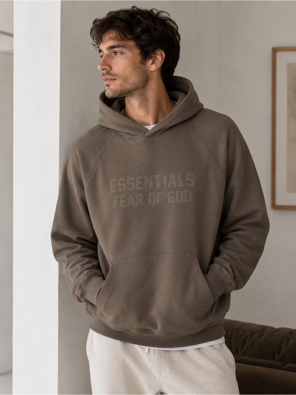 Essentials Fear of God Hoodie – Size L – Taupe/Brown in like-new condition